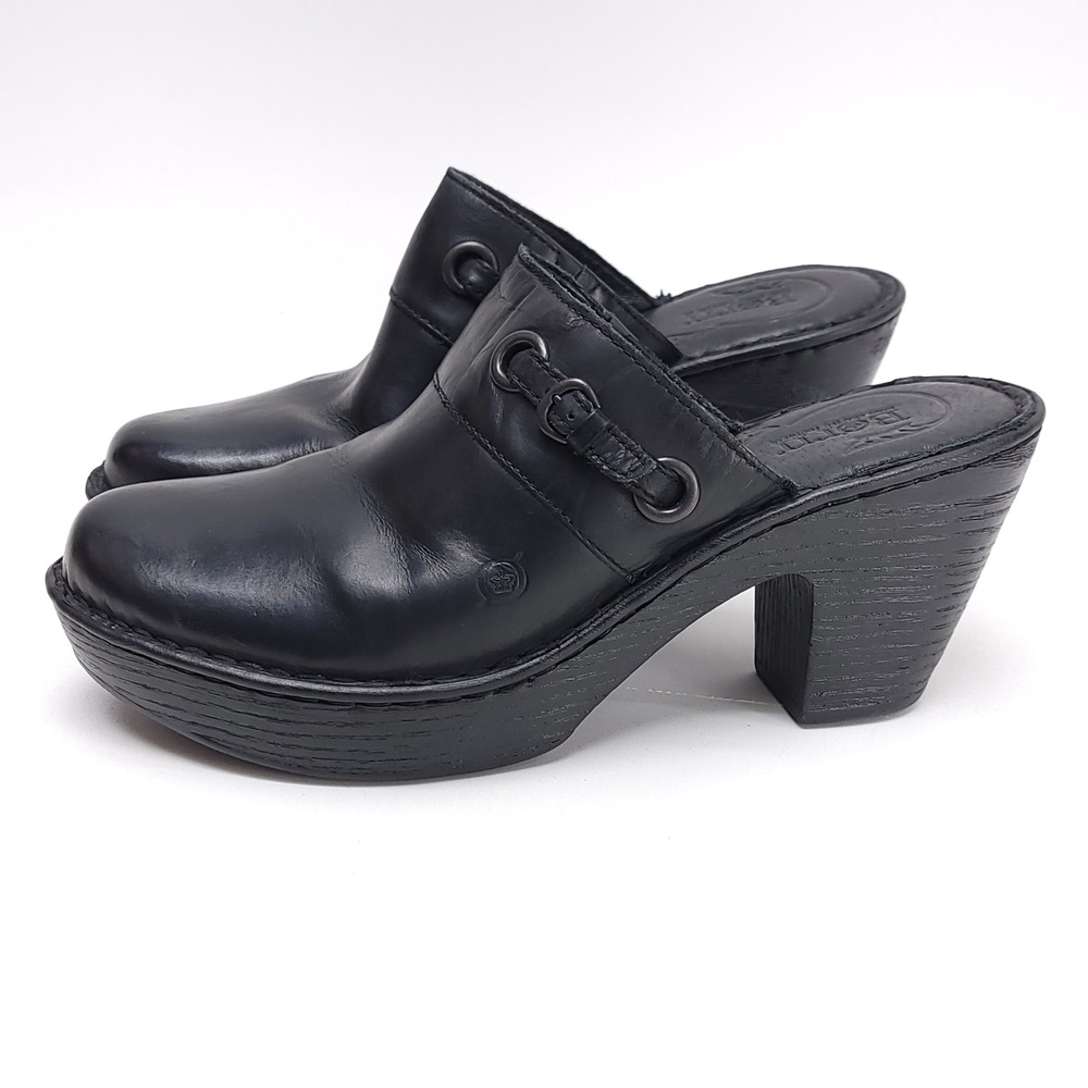 Born Womens Black Leather Platform Clogs Chunky Heel Mules D47203 Size 11M